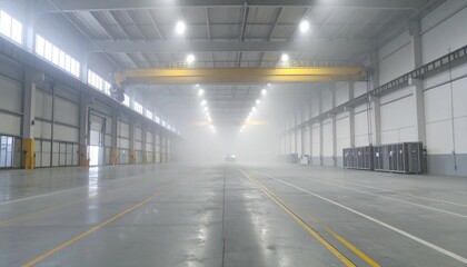 Sterile Warehouse Interior with Overhead Cranes and Foggy Atmosphere