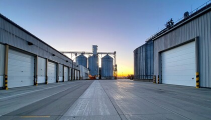 Fototapeta premium Sterile Grain Silo Interior with Loading Docks at Dawn