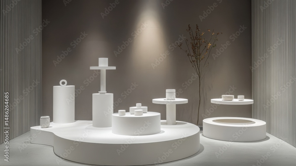 Aufkleber minimalist display of white geometric shapes with small containers in a studio setting indoors