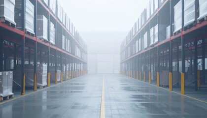 Sterile Logistics Hub with Pallet Racking in Misty Atmosphere