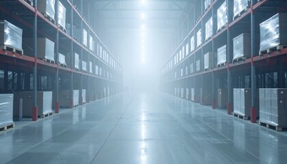 Obraz premium Misty Warehouse Logistics Hub with Pallet Racking and No People