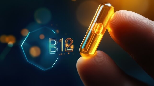 closeup of hand holding 12 pill, Vitamin" B12" hexagon logo label golden orange for advertisements about nutrition and supplements.