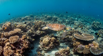 Naklejka premium A majestic sea turtle swims peacefully above a colorful coral reef teeming with marine life.
