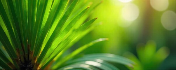Fototapeta premium Close-up of a lush green palm tree sprouting new leaves, vibrant spring growth, sunlight dappled through the foliage , sprout, palm leaves, exotic