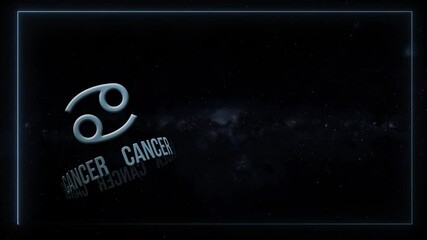 Zodiac sign Cancer with rotating text animation on a starry sky background with a dynamic luminous frame. 4K