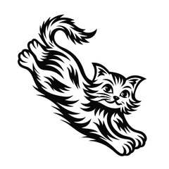 Black and White Playful Cat Illustration, Leaping Feline, Stylized Design, Pet Mascot