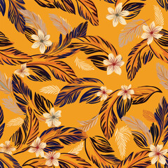 Seamless Pattern Of Stylized Leaves And Flowers On A Bright Orange Background. 