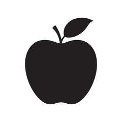 Black apple icon with a single leaf in minimalist style, simple design symbolizing health, freshness, and natural food