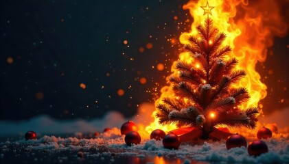 Flames engulf a decorated Christmas tree, sparking embers flying, a chaotic scene of holiday disaster The tree is ablaze, ornaments scattered around the base , holiday fire, destruction