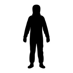 Silhouette of a person in a protective suit, likely for hazardous material handling