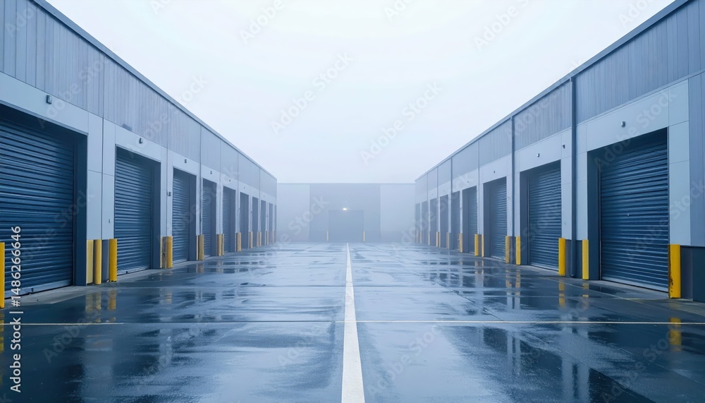 Poster sterile storage facility with loading docks in rolling fog