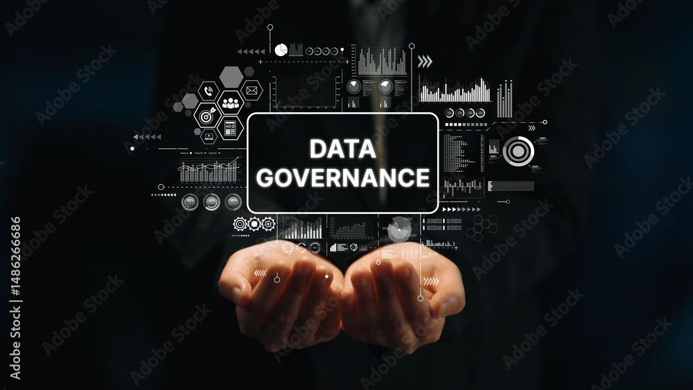 Poster hands holding data governance concept with digital charts and graphs on dark background for business