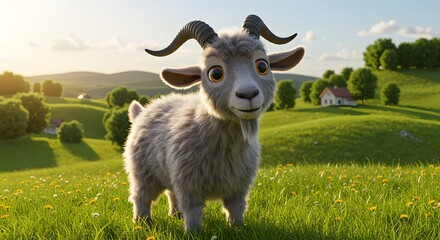 Fototapeta premium Smiling Goat Standing in Grassy Field at Sunny Farm