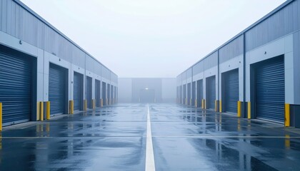 Obraz premium Sterile Storage Facility with Loading Docks in Rolling Fog