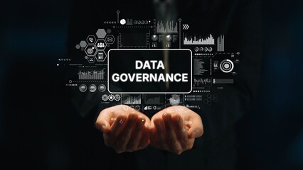 Hands Holding Data Governance Concept with Digital Charts and Graphs on Dark Background for Business Analysis and Management. Asymptotic smart data analytic.