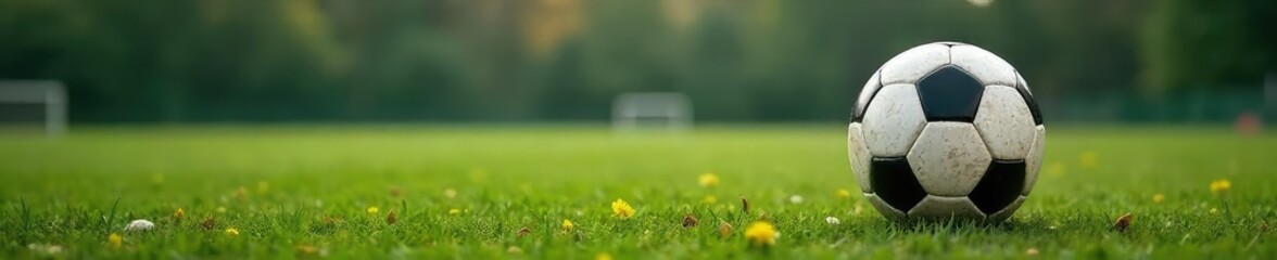 Obraz premium Close-up shot of a classic black and white soccer ball resting on a worn, textured football field, conveying passion and the spirit of the game , classic, stadium