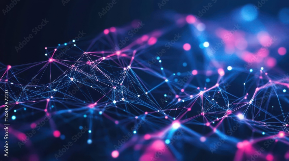 Poster abstract network of connected dots and lines in blue and pink on a dark background with bokeh effect