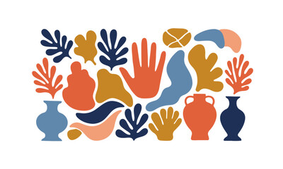 An abstract illustration featuring various figures and organic shapes in shades of blue, orange, and mustard yellow against a white background