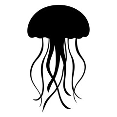 Silhouette of a jellyfish with long tentacles on a white background