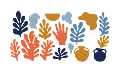An abstract illustration featuring various figures and organic shapes in shades of blue, orange, and mustard yellow against a white background