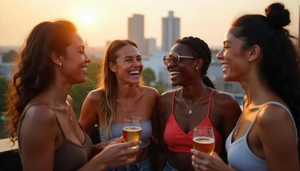 Group of diverse young adults laughing together at a rooftop party, enjoying drinks and city views , inclusion, urban, cocktails