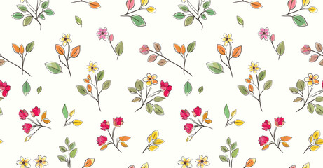 Obraz premium Repeating Pattern Of Small, Delicate Floral And Foliage Illustrations Scattered Across A Creamy Off-White Background. 