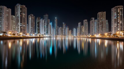 Fototapeta premium Illuminated skyscrapers create a stunning skyline against a deep night sky, with reflections shimmering on the water and distant hills enhancing the cityscape's beauty