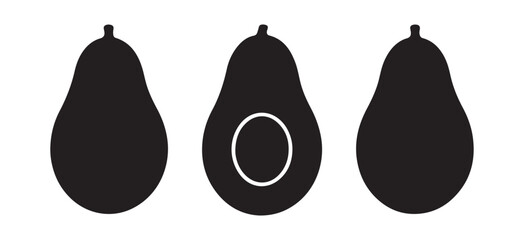 Black avocado icon with cut and whole versions, minimalist vector style symbolizing health, natural food, and freshness