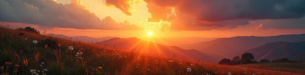 Joyful sunrise over a peaceful landscape, signifying new beginnings and hope after a period of darkness; a visual representation of resurrection and rebirth , faith, nature, golden hour