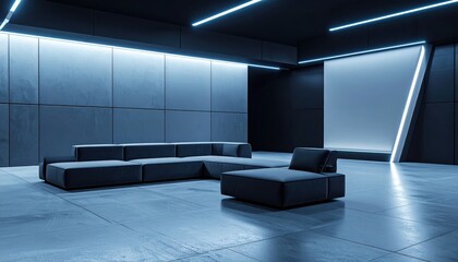 Modern workspace showcases a blend of minimalist furniture and advanced lighting technology.