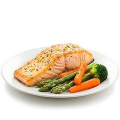 baked salmon fillet with steamed vegetables, clean white plate, top and side view , isolated on white background