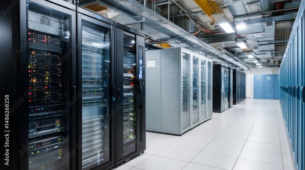 Poster Commercial space highlights a modern data center with multiple rows of glowing servers, portraying a high-tech environment illuminated by cool blue tones