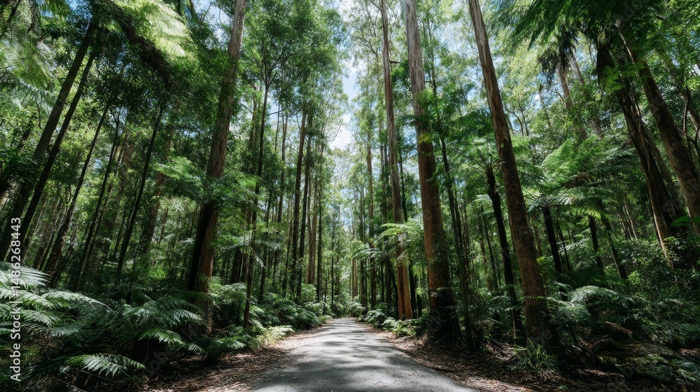Poster A narrow path winds through lush fern undergrowth as dappled sunlight filters through towering tree ferns in an Australian forest
