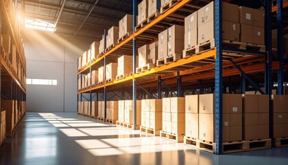 Sterile Warehouse Mezzanine with Stacked Pallets and Dramatic Shadows