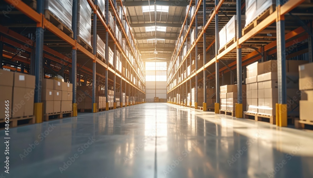 Poster vast automated warehouse with pallet racking in soft morning light