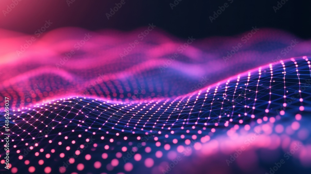 Poster abstract network with pink and blue lights connecting small dots in a wavy pattern on dark backgroun