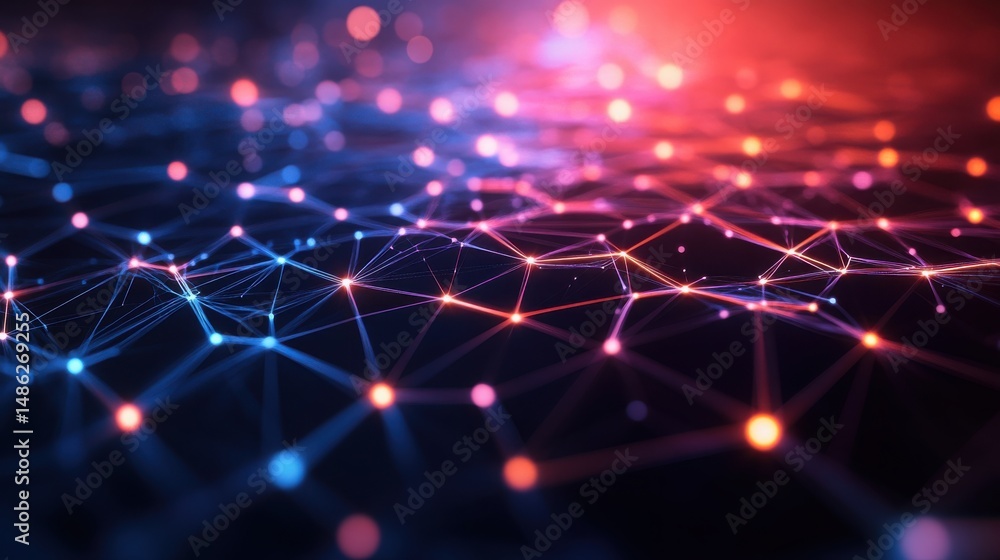 Poster abstract network of interconnected dots and lines with red and blue lights illuminating the scene