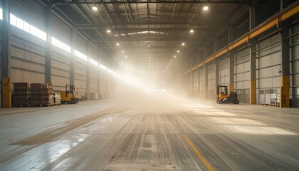 Obraz premium Vast Warehouse Interior with Pallet Jacks and Swirling Dust Particles
