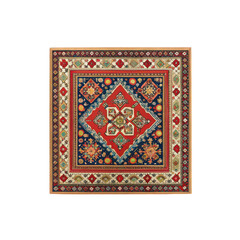 Traditional carpet design featuring intricate patterns and vibrant colors, showcasing floral motifs and geometric shapes