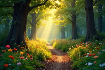 Enchanted fairytale forest path, bathed in golden sunlight, wildflowers blooming , light, happy, yellow path