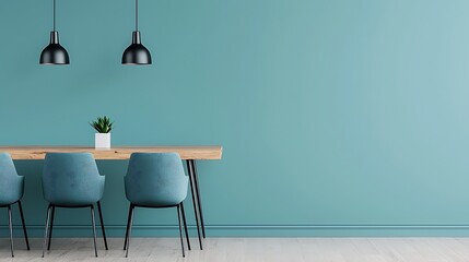 Minimalist Turquoise Room with Modern Furniture, Plant, and Lighting for Interior Design Inspiration and Backgrounds.