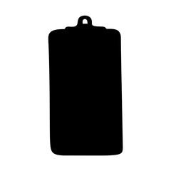 Stylized black silhouette of a clipboard with a hanging loop at the top