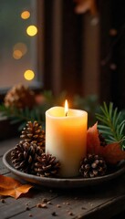 Rustic autumnal scene featuring a lit candle nestled amongst pine cones, creating a warm and inviting ambiance Perfect for fall, winter, or holiday themes , nature, interior design, serenity