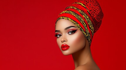 Woman wearing a red patterned headwrap gazes intensely against a vibrant red background, displaying bold makeup.