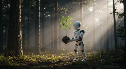Fototapeta premium An artificial intelligence robot tenderly holding a young tree in a serene, sunlit forest setting.