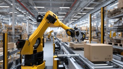 Fototapeta premium Robotic arms sort packages in a warehouse.