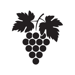 Black grape cluster silhouette with leaves in a minimalist vector style, simple design representing freshness and natural food
