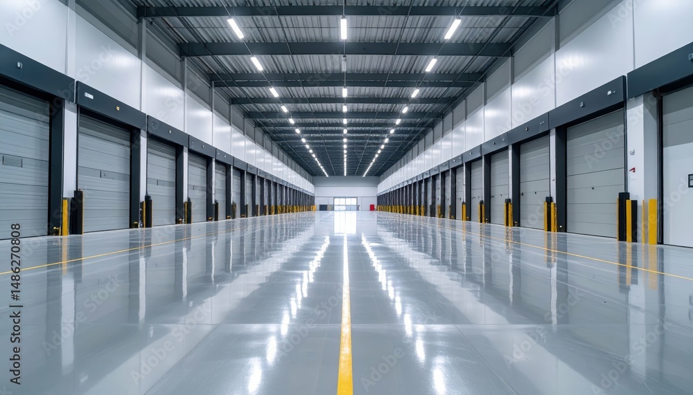 Poster vast fulfillment center with loading docks and reflective floor