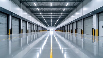 Vast Fulfillment Center with Loading Docks and Reflective Floor