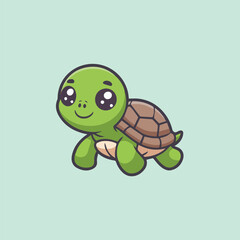 Cute cartoon baby turtle with big eyes and a lime green shell on a mint background. Kawaii-style, simple lines, perfect for kids, stickers, and digital products.